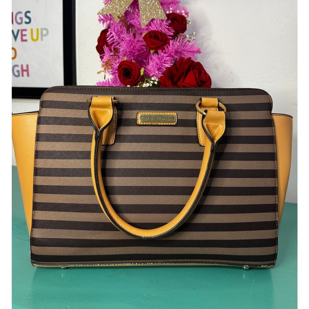 Adrienne Vittadini Studio Striped Satchel Bag - Brown‎ & Yellow Faux Leather